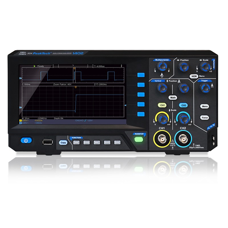PeakTech® P1402 20 MHz / 2CH, 250 MS/s Osciloscopio digital